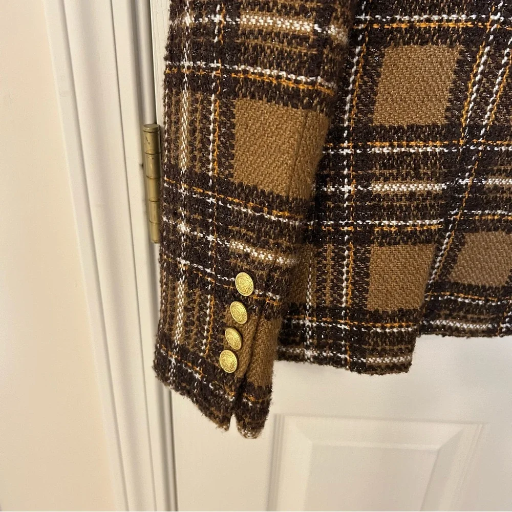 L'AGENCE Kenzie Plaid Tweed Double-Breasted Blazer in Brown / Gold Size 6 - Picture 15 of 15